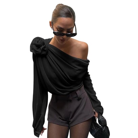 NWT Commense  Sheer Black One-Shoulder Blouse W/ Rosette Detail  Long Sleeve XL - Picture 1 of 5